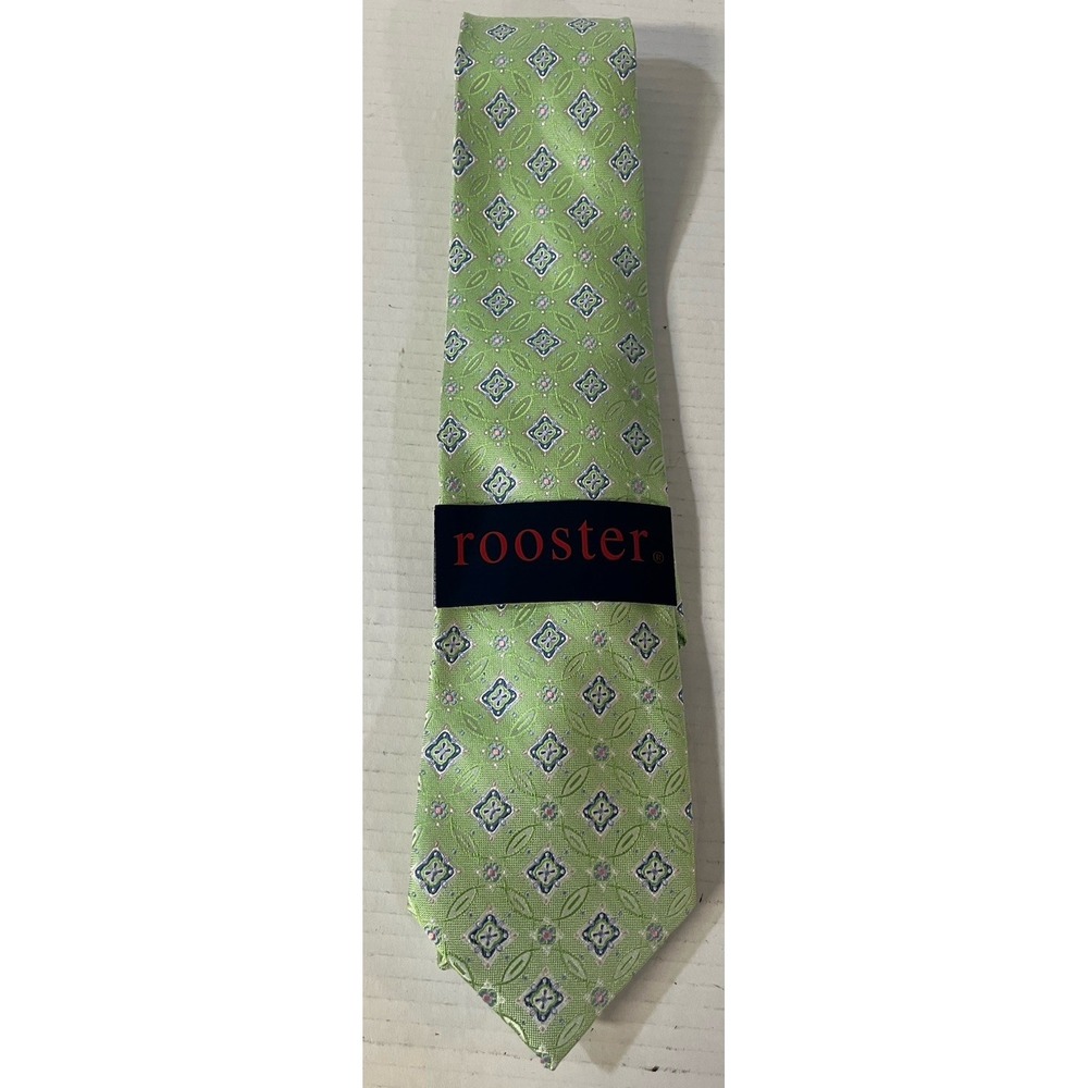 ROOSTER MENS TIE GREEN WITH BLUE AND WHITE 3.75 X 60 100%‎ Silk